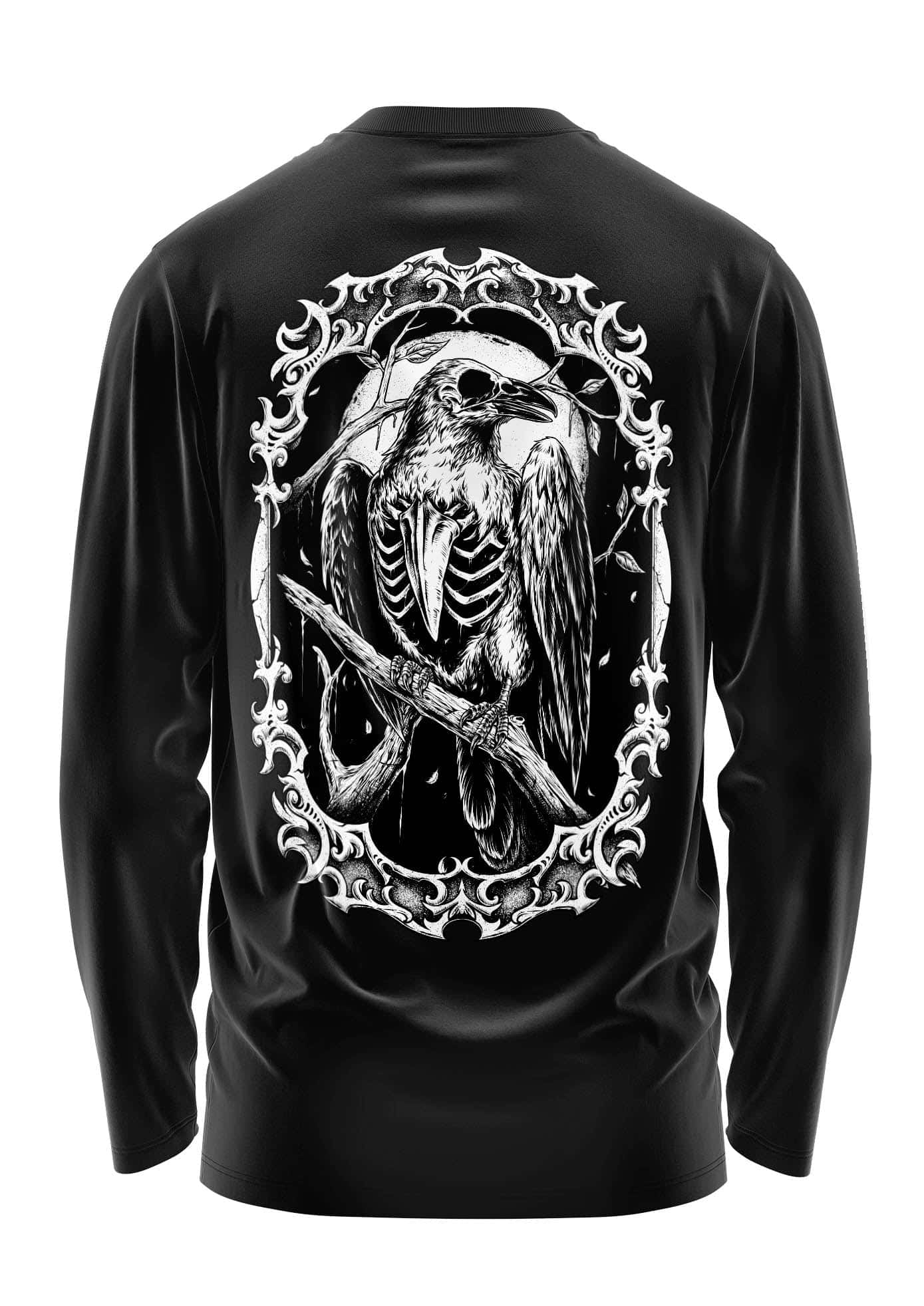Schweres unisex t-shirt the crow mit weißer skelett rabenkunst auf strapazierfähigem stoff und dekorativem rahmen